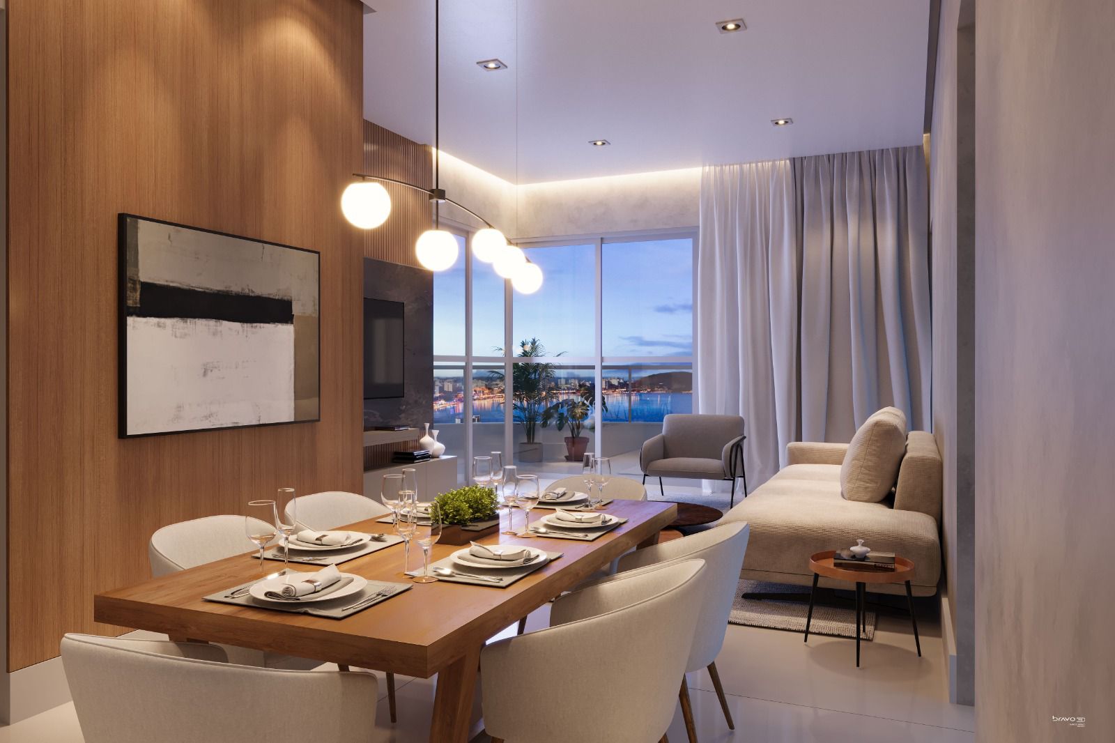 Living integrado com jantar e vista noturna