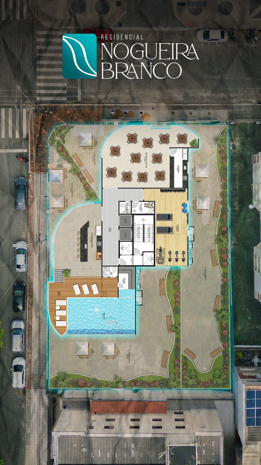 Planta do pavimento de lazer com piscina, salão de festas, fitness e churrasqueira