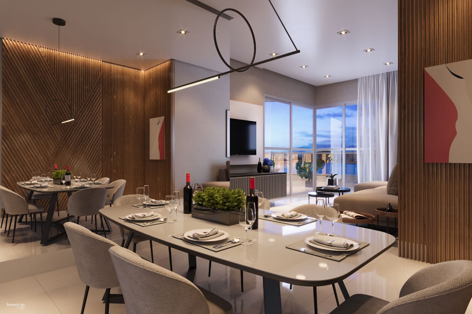 Sala de jantar e living integrados com vista para o mar