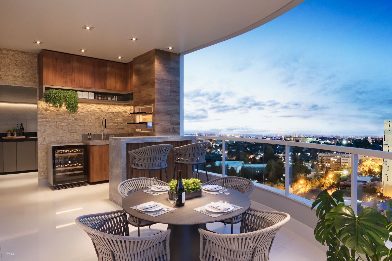 Varanda gourmet com adega e vista panorâmica